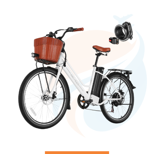 ANCHEER Bicicleta eléctrica de 26 pulgadas para adultos Estilo: Bicicleta urbana blanca con cesta