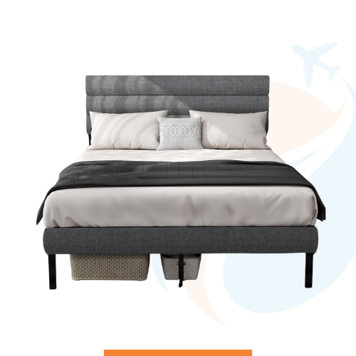 Base de cama RVONOW Queen con cabecera tapizada de terciopelo, plataforma de metal tamaño Queen con almacenamiento debajo de la cama. Gris