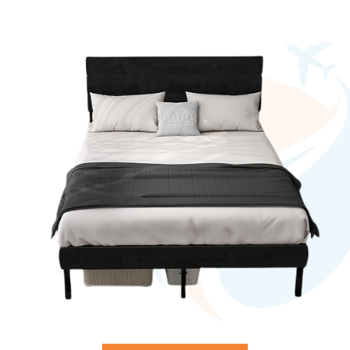 Base de cama RVONOW Queen con cabecera tapizada de terciopelo, plataforma de metal tamaño Queen con almacenamiento debajo de la cama. Negro