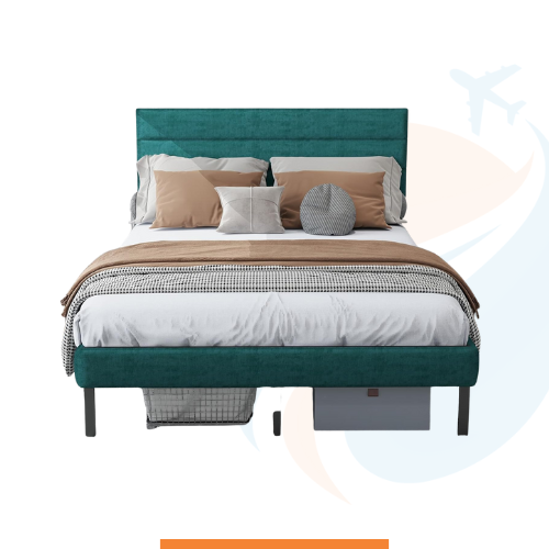 Base de cama RVONOW Queen con cabecera tapizada de terciopelo, plataforma de metal tamaño Queen con almacenamiento debajo de la cama.  Verde oscuro
