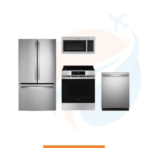 Paquete de cocina GE de 4 piezas con refrigerador, cocina eléctrica, microondas